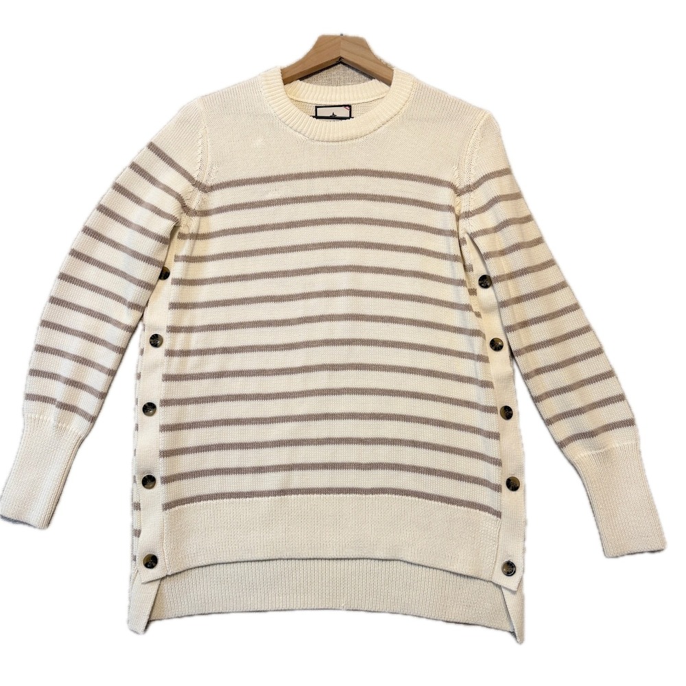 TUCKERNUCK Sweater Women's XS Striped Cotton Cream Tan Button Side Detail
